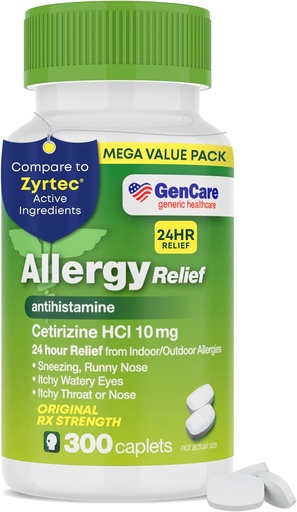[BRSRAZY6DIGWG33L] GenCare - Cetirizin HCL 10 mg (300 Caplets) - 24 timmars allergi lindring piller - Non Drowsy Generic OTC Allergy Medication - Antihistamine Medicine för Sneezing, Runny Nose & Itchy Eyes - Generisk Zyrtc