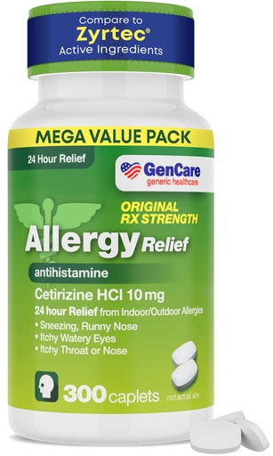 [BRSRAZY6DIGWG33L] GenCare Cetirizine HCl 10mg Allergy Relief, 24-Hr Non-Drowsy, 300 Ct | Compares to Zyrtec; 24-hour non-drowsy relief from sneezing, itchy watery eyes & runny nose