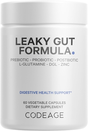 [BRSRMGDYO56R4ELO] Codeage Leaky Gut Supplement, L-Glutamine, N-Acetylglucosamine, Probiotic, Butyric Acid, Polyphenols, Quercetin, DGL, Marshmallow Root, Berberine, BioPerine, Cinnamon, Vegan, Non-GMO, 60 Capsules