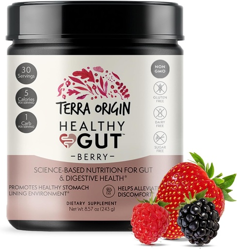 [BRSWGHYYAEHQ4FD7] TERRA ORIGIN Healthy Gut Powder (Berry Flavor) |30-Servings with L-Glutamine, Zinc, Glucosamine, Slippery Elm Bark, Marshmallow Root and More!