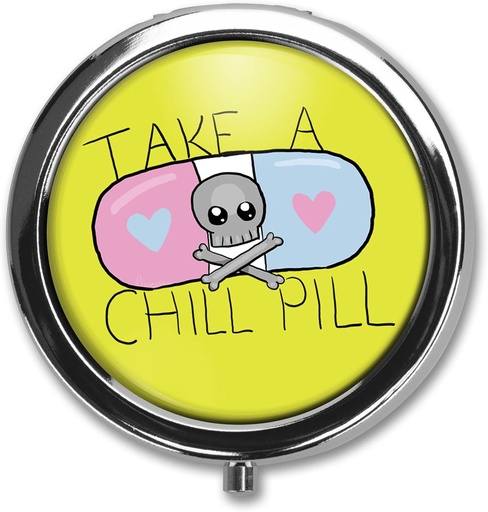 [BRSWGFQLCMIGYFIY] Cute Cartoon Take A Chill Pill Quotes Pill Box Case Trinket Stash Box Phone Dial Pop Art Retro Medicine Tablet Holder Organizer - 3 Compartments