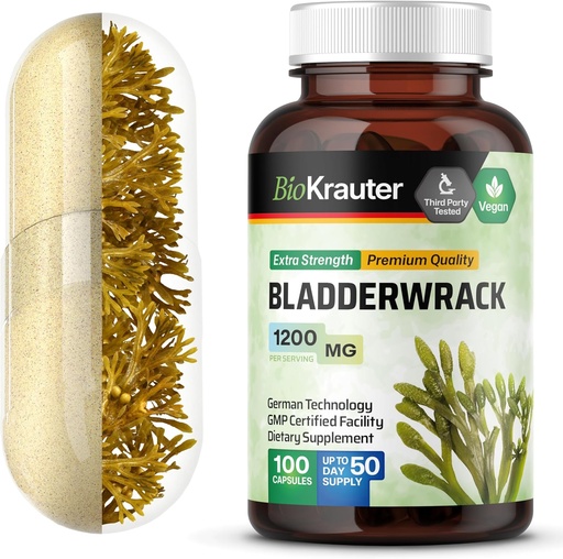 [BRSWY2QQOUMG2GTO] Bladderwrack Capsules 1200 mg - 100 Count - Formula from Natural Marine Source of Iodine - Vegan Bladderwrack Powder Caps