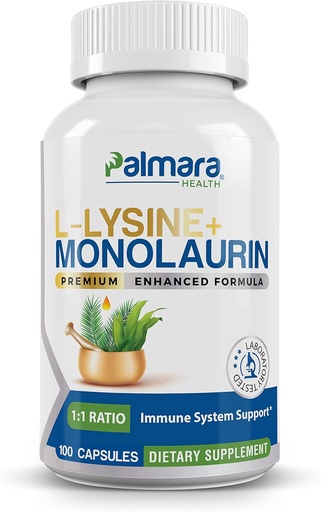 [BRSW2GI2AEFQGAA3] Palmara Health L-Lysine + Monolaurin 600 mg 1:1 Suhde, 1 pakkaus, 100 kapselia