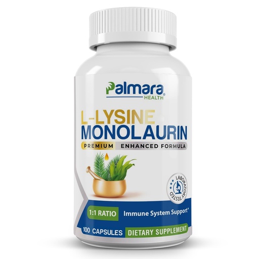 [BRSW2GI2AEFQGAA3] Palmara Health L-Lysine with Monolaurin 600mg 1:1 Ratio, 1 Pack, 100 Capsules