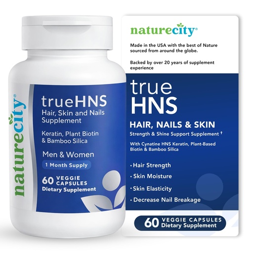 [BRSWKYL5PJYQE2Y7] NatureCity True-HNS Hair Nails and Skin Cynatine Keratin and Plant Based Biotin Vitamin Supplement | Fuller and Stronger Hair and Nails | Non GMO | 60 Veggie Capsules
