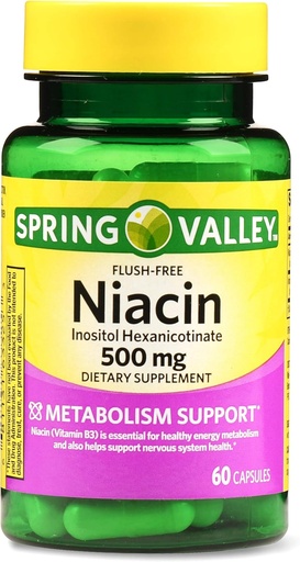 [BRSWGBITOEIRS3T6] Spring Valley Flush-free Niacin 500 mg Metabolism Support, 60 cápsulas (Pack of 2)