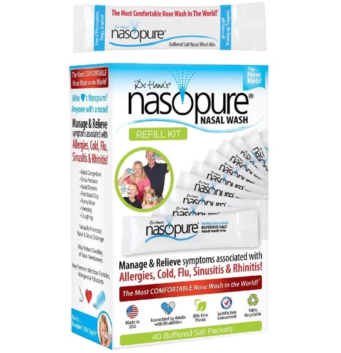 [BRSWIYALAUIQOGY5] Nasopure Nasal Wash, Refill Kit, “The Nicer Neti Pot” Sinus Wash Kit, Comfortable Nasal Rinse 40 Salt Packets (3.75 Grams Each), Nasal Congestion, Cold, Flu, Allergy, Nasal Irrigation System, Lavage