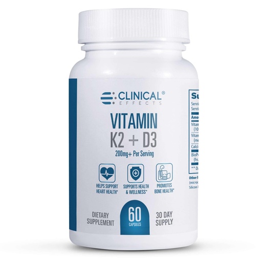 [BRSWY2QZPMNQA2A4] Clinical Effects Vitamin K2 + D3 - K2 + D3 Vitamin Supplement with Bioperine Black Pepper Extract and Calcium for Bone and Heart Health Support - 60 Capsules - Max Absorption - Made in the USA