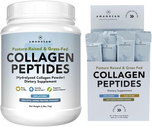 [BRSRAZINA4PQKE3K] AMANDEAN Collagen Peptides Bundle. 1kg & Stick Packs. Proteína con 18 Aminoácidos para la piel sana, el pelo, las uñas. Fácil de mezclar, sin sabor, no GMO