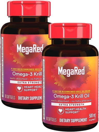 [BRSWIGQYOMGWMGQ5] MegaRed Extra Strength 500mg Omega-3 Krill Oil Supplement with EPA/DHA, No Fishy Aftertaste Supports Heart Health, 80 Count Softgels (2 Pack)