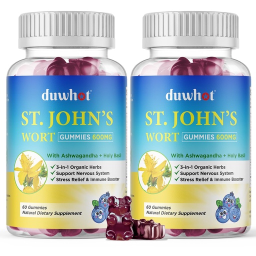 [BRSRA2Y6OJ7B4ADB] duwhot St John's Wort Gummies 600mg, 3 in 1 Organic Herbal Supplements for Stress Relief, Nervous System Support, with Ashwagandha & Holy Basil Extract for Adults & Kids, Non-GMO, Vegan, 120 ct.