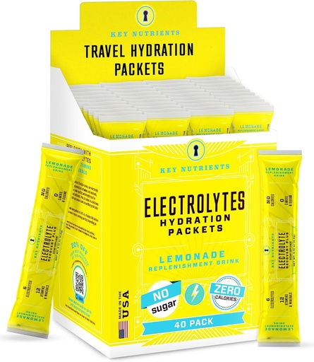 [BRSROGIFPMNWGCI4] KEY NUTRIENTS Multivitamin Electrolytes Hydration Packets - Refrescante Limonada Pós treino e recuperação 40 Pack - Sem açúcar, Sem calorias - Viagens Hydration Powder