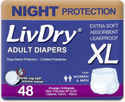 [BRSWK2Q6OQBACDIV] LivDry 成人 XL 失禁 内衣 过夜舒适症 防漏症 X-Large 48-Pack
