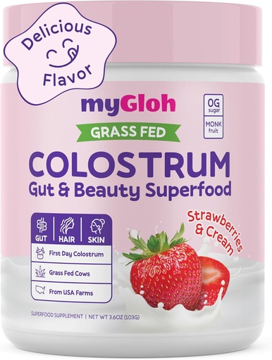 [BRSROBQRBAOREH3X] Colostrum Powder Premium- 124; Gut Health & Bloating, Hair Growth & Skin Glow, Immunitet - 124; Natural Aroma Strawberries & Cream - 124; Grass- Fed Bovine Colostrum Supplement- 124; High IgG, Gluten Free, Bioactives