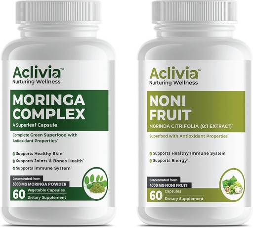 [BRSRAYAZAQNR6G3D] Noni Fruit & Moringa Bundle - Hawaiian Noni Extract 4000mg (8: 1) & Oleifera Leaf & Seed Extract 5000mg - Traditional Herbal Supplement Superfood Complex - 60 Kapsler Hver