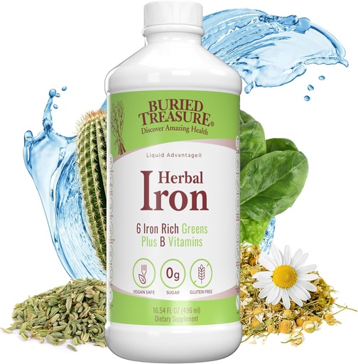 [BRSWICYZCV4QK3DC] Buried Treasure Herbal Iron - 48 Servings, Liquid Iron and Herbal Supplement, Vitamin C & B Complex Vitamins, Iron-rich Greens, Vegan Iron for Men and Women