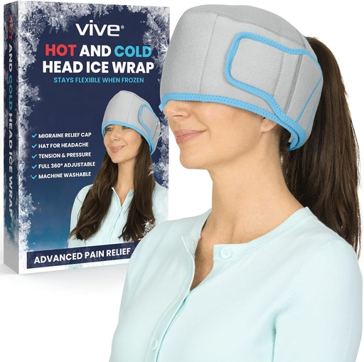 [BRSWY2YLO4NRS2T6] Vive Migrene Relief Cap - Hot & Cold Compression Hat for Headache - Full Head Ice Wrap Beanie & Eye Mask for Tension & Pressure Relief - Recoling Headband - Reusable & Flexible Soft Gel Packs