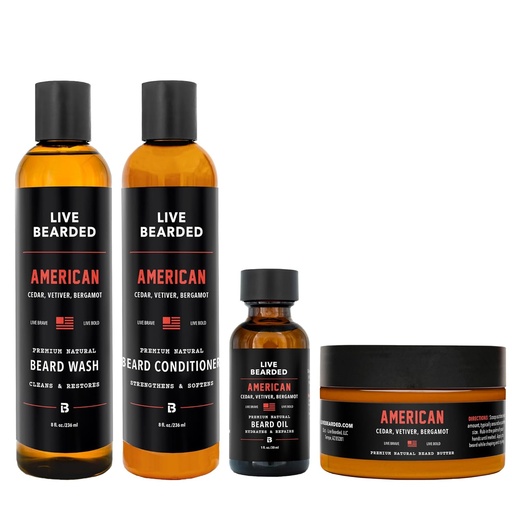 [BRSRAFDQCVYBGDQ3] Live Bearded Complete Beard Grooming Kit - Wash, Conditioner, Butter and Oil - Made in the USA with All-Natural Ingredients - Mens Groom Set | American Scent - Cedar, Vetiver, Bergamot