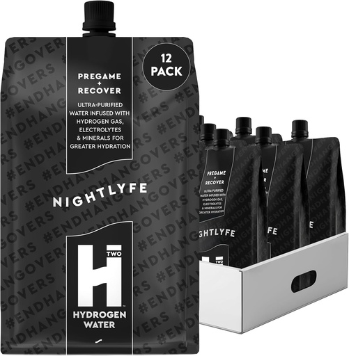 [BRSROZYLAAARYGT2] HTWO Nightlyfe Recovery, 16.9oz Premium Hydrogen Infused Water with Electrolytes, Vitamins, and Minerals, 12-Pack, Functional Hydration Packets for Recovery & Mental Clarity, Sugar Free