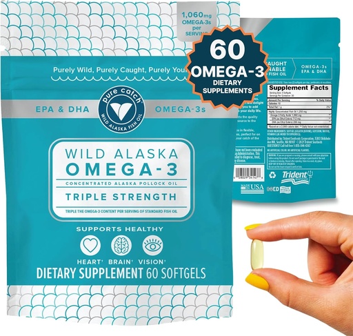 [BRSW2GQHOZ6BAG35] Trident Seafoods Pure Catch Wild Alaskan Fish Oil 1060mg Triple Strength Omega-3 Fish Oil Supplement for Women and Men - EPA and DHA - 60 Ct. Daily Citrus Soft Gel Supports Heart, Brain, and Vision