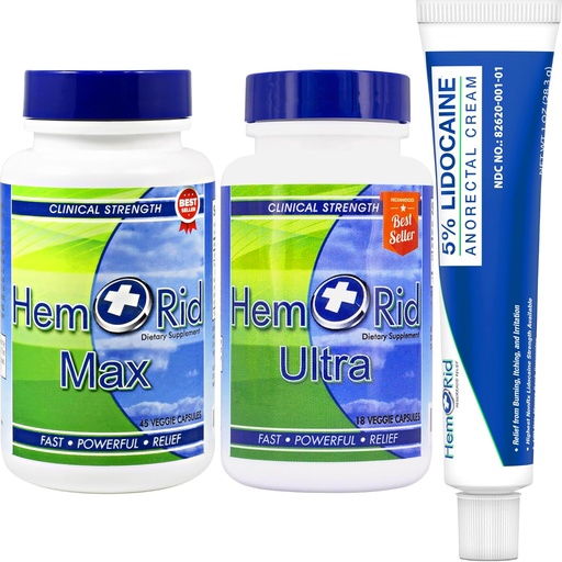 [BRSRAFDQCMMQ22TK] HemRid Complete Hemorrhoid Care System – Potent 5% Lidocaine Cream for Rapid Topical Comfort, Max Ultra Capsules for Ongoing Vascular Health and Circulatory Support