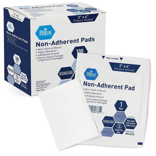 [BRSWGHYTAAPGM3DV] MED PRIDE Sterile Non Stick Pads for Wound Care and Wounds, Highly Absorbent, Painless Removal, Individually Wrapped (3x4 Inch (Pack of 100))