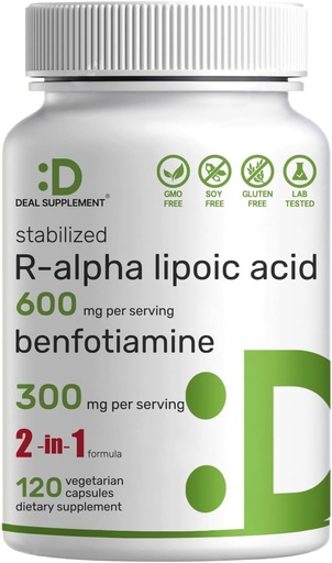 [BRSROFD2CN4GKGY4] ΑΛΦΑΒΗΤΙΚΟ ΣΥΜΠΛΗΡΩΜΑ R Alpha Lipoic Acid 600mg με Benfotiamine 300mg ανά υπηρεσία, 120 κάψουλες Veggie – 200mg R-ALA ανά κάψουλα – Αντιοξειδωτικό συμπλήρωμα για την υποστήριξη της ενέργειας & του νευρικού συστήματος