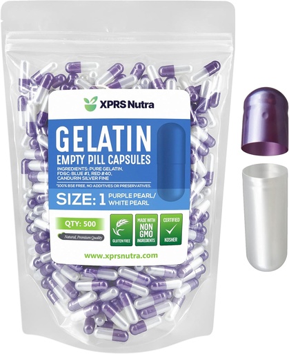 [BRSWY2QNOV5WEA33] XPRS Nutra Size 1 Empty Capsules - 500 Count Empty Gelatin Capsules - Pill DIY Capsule Filling - Pure Bovine Pill Gel Caps for Do-It-Yourself Supplements (Pearl Purple/White)