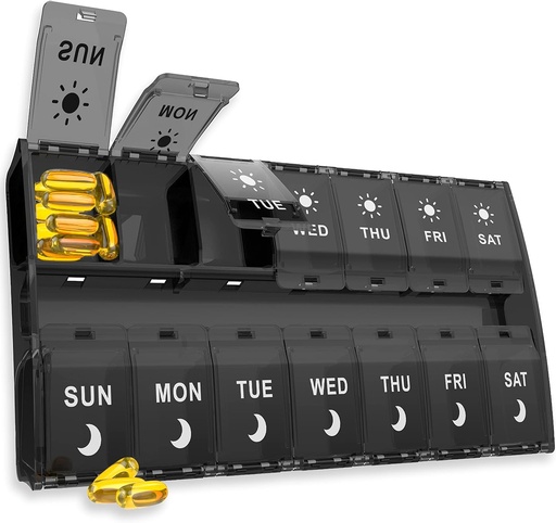 [BRSW2EIKBEARQE3Z] XL Big Pill Organizer 7 Day, Weekly Medicine Pill Box 2 φορές την ημέρα, Am Pm Pill υπόθεση Organizer 14 διαμερίσματα με Hinged Lids Design, Daily Box Pill Dispenser για το ιχθυέλαιο / συμπληρώματα (Μαύρο)