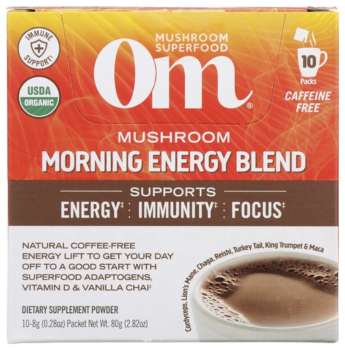 [BRSRMZAYOYCAY3IY] Om Mushroom Superfood Morning Energy Blend Mushroom Powder Drink, Coffee Free Energy Drink with Cordyceps, Vitamin D2, Agaricus Bisporus, Lion's Mane, Rhodiola, and Turkey Tail, 10 Count, 2.82 Oz