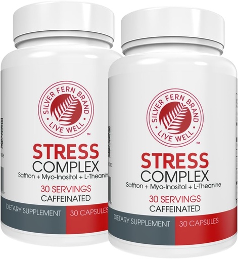 [BRSROAA6BACQO3D6] Silver Fern Stress Complex Supplement - with Caffeine - Sleep, Worry, Mood & More - with Saffron Supplements, L-Theanine Supplement, and Myo-inositol - Natural Stress Relief Supplement (Pack o 2)