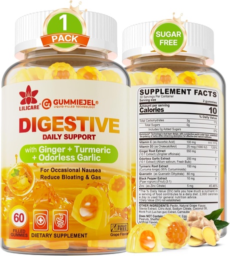 [BRSROZT4PMDQ2GTZ] Ginger Chews Gicks per a la implementació de Nausaa i Digest, l'Ajuda Stomach - Sugar Free with Tuurmeric & Odormed Garlic, Quercetin, Vitamina D3, C, Budious Digestive suplementaris, 60Cts (Pira de 1)