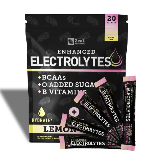 [BRSROYICB4JQIYLA] Enhanced Electrolyte Powder Stick Packs (Lemon Berry | 20 Packets) w/ 0 Sugar +BCAAs +B-Vitamins Electrolyte Supplement w Potassium Zinc & Magnesium for Hydration - Keto Electrolytes
