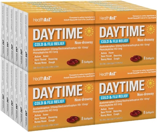 [BRSWYZQNA4CGMALF] HealthA2Z® Daytime | Cold & Flu Medicine | Мощная многосимптомная дневная помощь | Cold & Flu Medicine (8 Count (Pack of 24))