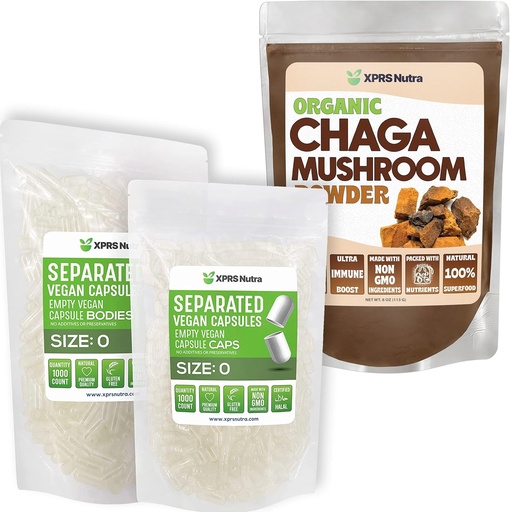 [BRSRMFI3OV5BEYI7] XPRS Nutra Separated Size 0 Capsules (1000 Count) with Chaga Powder (8 Ounce) Bundle