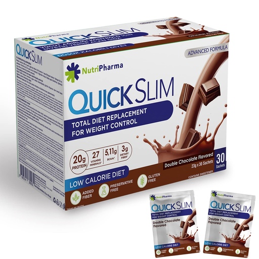 [BRSW2AQTA4PRODIU] Quick Slim Meal Replacement Shake for Weight Loss, 30 Servings, 20g Protein, 27 Vitamins & Minerals, Dietary Fiber, Low Carb, Gluten Free (Double Chocolate, 30 Sachets)