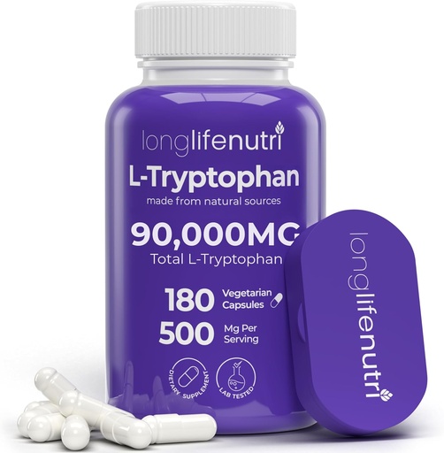[BRSWY2QPDJ4B6CL6] L- Tryptophan 500mg - 180 Vegetariske Kapsler, 6 - Måned Supply, for Sleep Aid og Mood Stabilitet, Lab Testet, Made in USA, Non- GMO