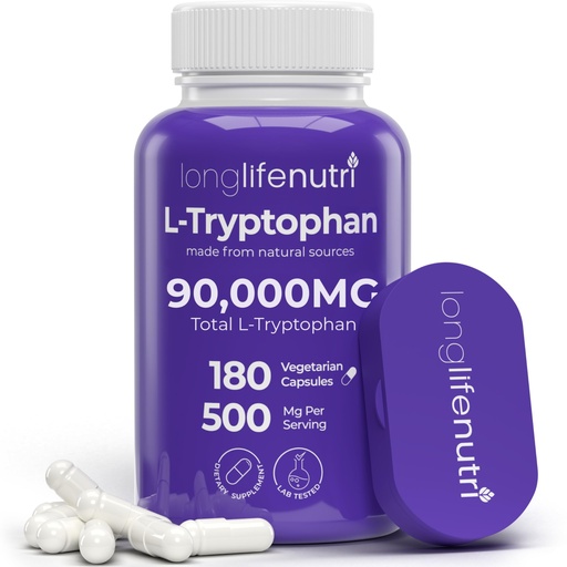 [BRSWY2QPDJ4B6CL6] LongLifeNutri L-Tryptophan 500mg - 180 Veggie Capsules, 6 Month Supply - Natural Sleep Aid and Mood Stability Support for Serotonin Balance - Lab Tested, Made in USA, Non-GMO