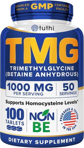[BRSROBAYOR6AAFDL] Tuthi TMG supplement – 1000mg Trimethylglycine – Betaine Amino Acid for Cardiovascular Support and Healthy Homocysteine Levels – 100 Vegan Tablets – Gluten-Free, Non-GMO – Made in USA