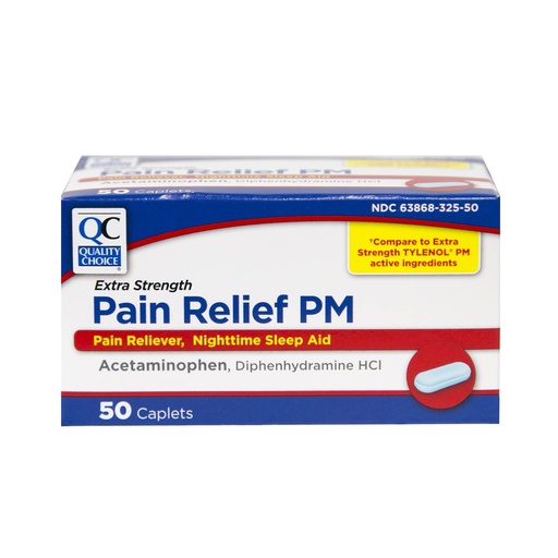 [BRSWIYQCPNYGEYAV] Quality Choice Extra Strength Pain Relief PM, Pain Reliever and Nighttime Sleep Aid, Acetaminophen 500 mg & Diphenhydramine HCI 25 mg (Sleep Aid), 50 Count Package of Caplets