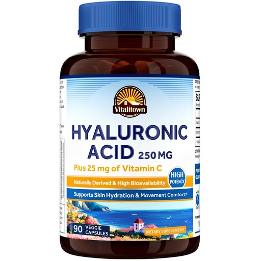 [BRSROYAZCQARMELF] Vitalitown Hyaluronic Acid Supplements 250 mg, Plus 25 mg Vitamin C, Naturally Derived & High Bioavailability, Skin Hydration, 90 Vegan Capsules, 3 Month Supply