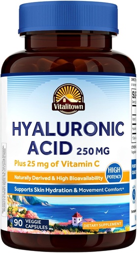 [BRSROYAZCQARMELF] Vitalitown Hyaluronic Acid Supplements 250 mg, Plus 25 mg Vitamin C, Naturally Derived & High Bioavailability, Skin Hydration, 90 Vegan Capsules, 3 Month Supply