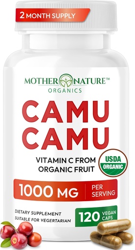 [BRSWKZY7DEAAA2YZ] Organic Vitamin C from Camu Camu Capsules 1,000mg, Packed with Natural VIT C, Raw Antioxidants - Immune Support Supplement & Anti-Aging for Skin - Powder Organic, Vegan, Non-GMO (120 Count)