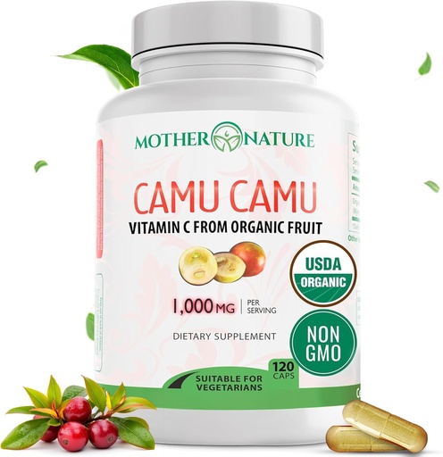[BRSWKZY7DEAAA2YZ] Organisk vitamin C fra Camu Camu Capsules 1000 mg, pakket med naturlig VIT C, rå antioksidanter - Immunstøtte Supplement & Anti-Aging for huden - pulver organisk, vegansk, ikke-GMO (120 greve)