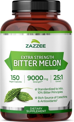 [BRSW2GIKBYGRGHL7] Zazzee Ekstra Kekuatan Melon 25: 1 Ekstrak, 9000 mg Kekuatan, 10% Bitter Prinsip, 150 Vegan Kapsul, Standardisasi dan berkonsentrasi 25X Ekstrak, 100% Vegetarian, All- Natural dan Non-GMO