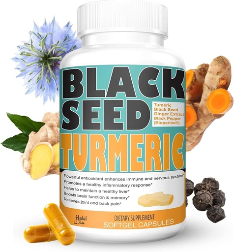 [BRSWGFQKCQCR4DLG] Turmeric 1350mg Curcumin 150mg Black Seed Powder 75mg Extract de ghimbir 50mg Extract de fructe cu piper negru 10mg Bioperine 60 legume capsule de dulce Sunnah