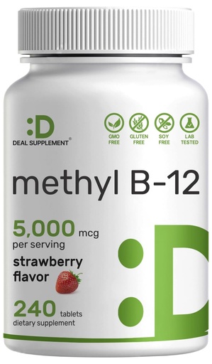 [BRSRMGI3OZ5WMCAU] DEAL SUPPLEMENT Methyl B-12 Vitamins 5000 mcg, 240 Chewable Tablets | Active Form - Strawberry Flavored - Energy Support & Brain Health Function - Vegetarian & GMO Free