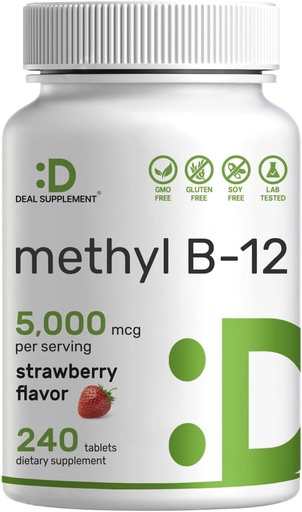 [BRSRMGI3OZ5WMCAU] DEAL SUPPLEMENTO Methyl B-12 Vitamins 5000 mcg, 240 Chewable Tablets | Active Form - Strawberry Flavored - Energy Support & Brain Health Function - Vegetarian & GMO Free
