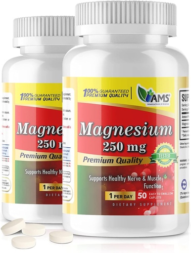 [BRSW2ZYDOQHAMFLK] America Medic & Science Magnesium 250 mg (100 Caplets) | Pack of 2 Bottles | Magnesium Oxide Supplement for Men and Women | Supports Healthy Nerve and Muscle Functions | Boosts Exercise Performance