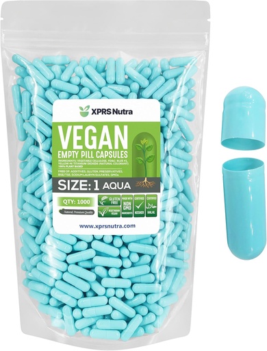 [BRSW2YABOJ7BSHI2] XPRS Nutra Size 1 Empty Capsules - 1000 Count Empty Vegan Capsules - Vegetarian Pills - DIY Vegetable Capsule Filling- Veggie Pill Caps for Do-It-Yourself Supplements (Aqua)